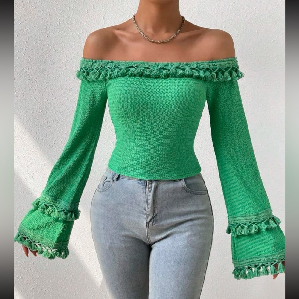 Boho Off Shoulder Flare Long Sleeve Fringe Tassel Cropped Top Blouse Shirt - Picture 6 of 7